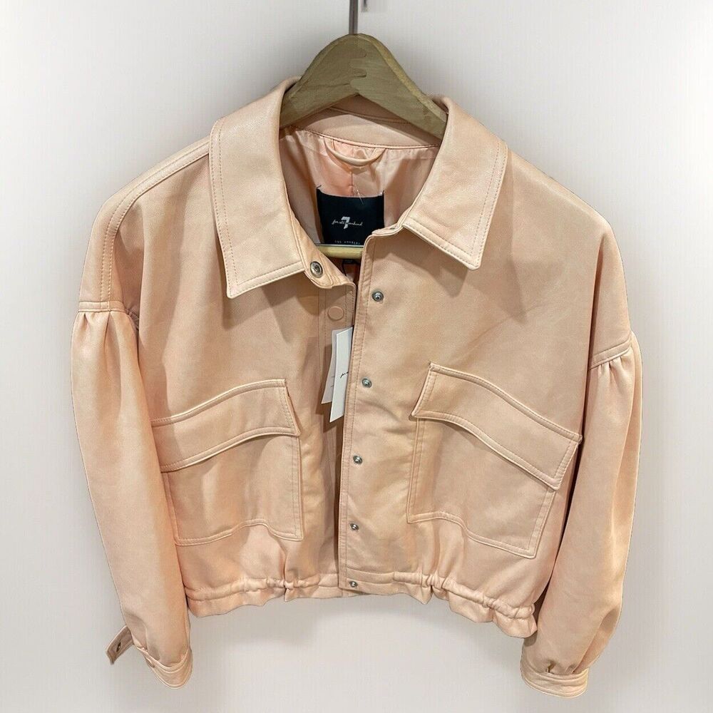 7 For All Mankind NWT Women Faux Leather Jacket Peach Pockets Drawstring Sz S